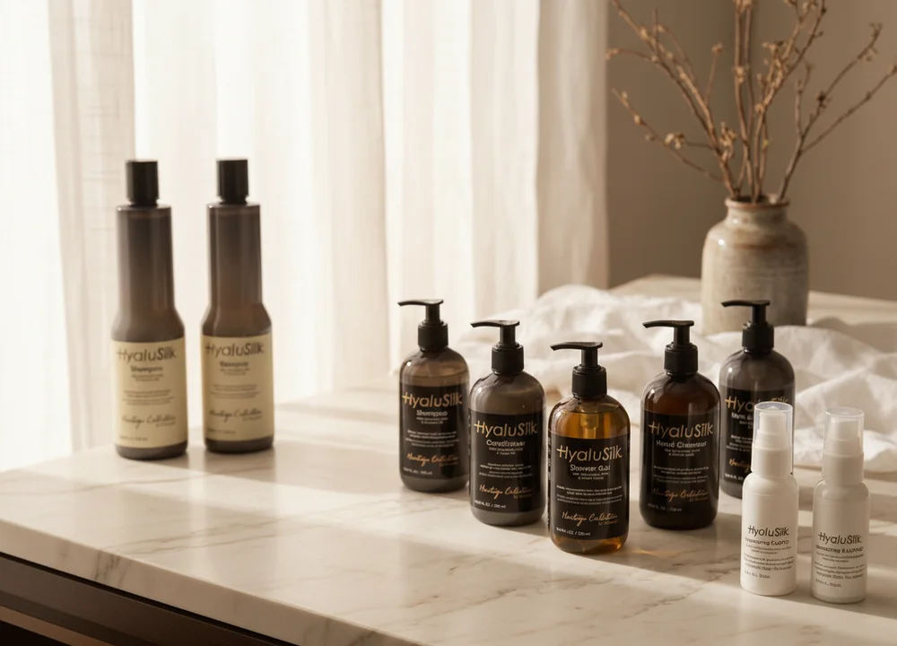 Portafolio Heritage completo: recargas de 1 L, dispensadores de 300 ml y formatos travel de 90 ml sobre la cubierta de mármol de un baño de hotel